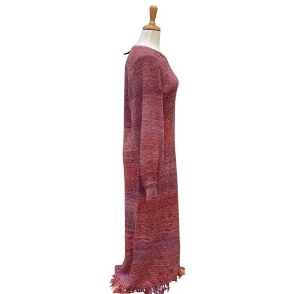 J. Crew Maxi Dress Sz L Pink Space Dyed Knit Fringe Hem Bishop Sleeve NEW - Picture 6 of 15
